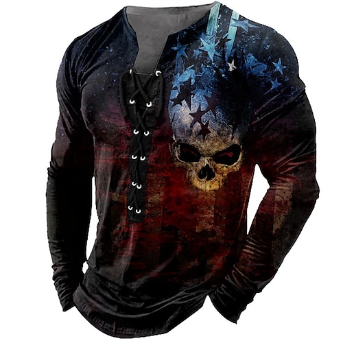 

Herren T Shirt Tee Graphic Totenkopf Motiv Kragen Schwarz Blau Purpur Wein 3D-Druck Outdoor Strasse Langarm mit Schnürung Bedruckt Bekleidung Basic Designer Casual Klassisch