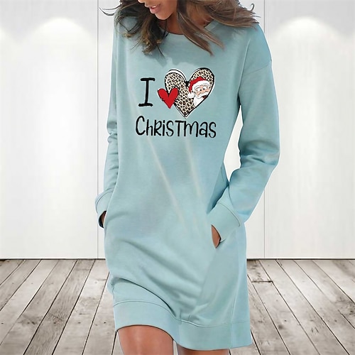 

Women's Christmas Hoodie Dress Winter Dress Light Blue Grey White Long Sleeve Heart Letter Pocket Print Winter Fall Crew Neck Stylish Casual Fall Dress Loose Fit 2022 S M L XL 2XL / Cotton