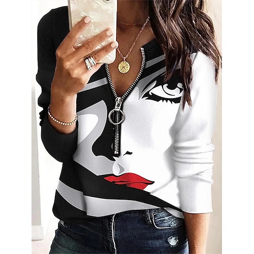 

Women's T shirt Tee White Portrait Zipper Long Sleeve Home Casual Basic Vintage V Neck Regular Abstract Portrait S