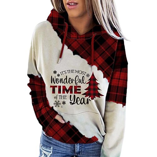

Women's Hoodie Sweatshirt Pullover Basic Front Pocket Red Graphic Plaid Christmas Hoodie Long Sleeve S M L XL 2XL