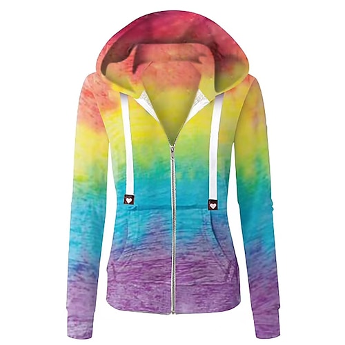 

Women's Hoodie Mixed Color Front Zip Tie Dyed Raglan Sleeves Regular Spring & Fall Blue Purple Yellow