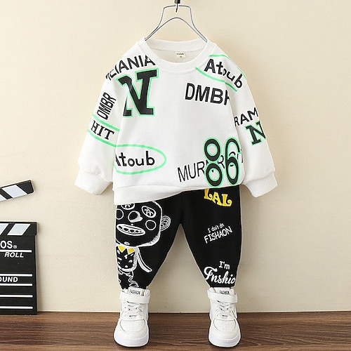 

2 Pieces Kids Boys Hoodie Pants Clothing Set Outfit Letter Long Sleeve Cotton Set Fashion Cool Winter Fall 2-8 Years Black White