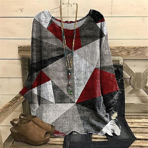 

Women's Plus Size Tops Blouse Shirt Color Block Geometry Print Long Sleeve Crewneck Casual Daily Vacation Polyester Fall Winter Gray