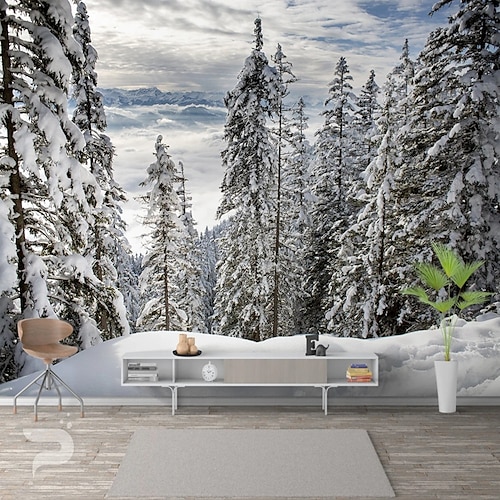 

3D Winter Forest Mural Wallpaper Mountain Snowy Trees Wall Sticker Covering Print Peel and Stick Removable PVC/Vinyl Material Self Adhesive/Adhesive Required Wall Decor for Living Room Bedroom