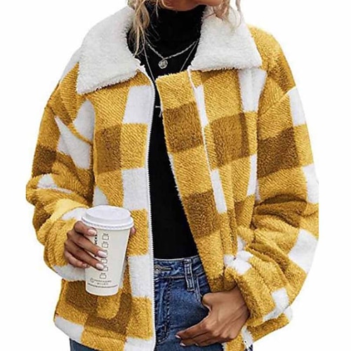 

Women's Sherpa jacket Fleece Jacket Teddy Coat Warm Breathable Outdoor Daily Wear Vacation Going out Pocket Print Open Front Turndown Active Comfortable Street Style Plush Plaid Regular Fit Outerwear