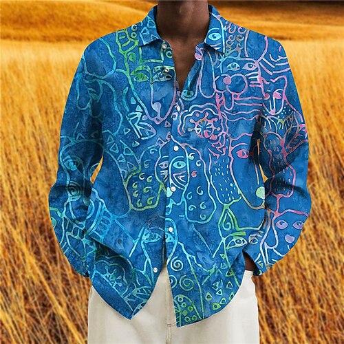 

Hombre Camisa Abstracto Cuello Vuelto Azul Piscina Impresión 3D Exterior Calle Manga Larga Abotonar Estampado Ropa Moda Design Casual Transpirable