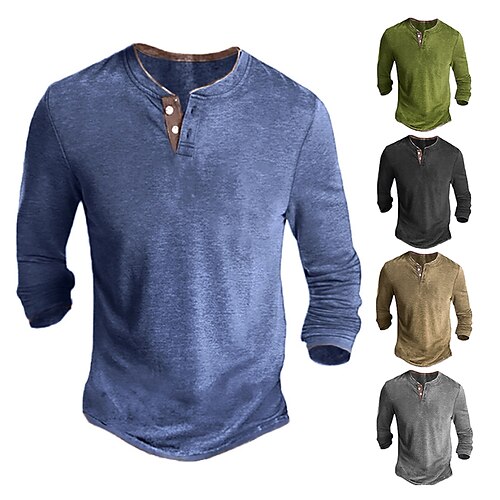 

Men's Henley Shirt Tee Solid Color Henley Green Blue Khaki Gray Black Casual Holiday Long Sleeve Button-Down Clothing Apparel Fashion Designer Comfortable Essential