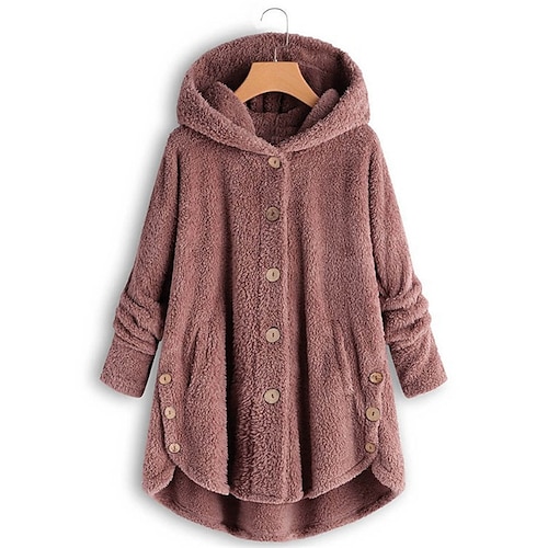 

Women's Plus Size Teddy Coat Winter Coat Button Pocket Plain Outdoor Causal Long Sleeve Hoodie Regular Winter Fall Black Blue Pink L XL XXL 3XL 4XL