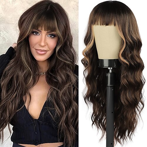 

Brown Wig With Bangs Long Wavy Wig for Women Synthetic Curly Wavy Wigs Brown Mixed Blonde color for Daily Party Use ChristmasPartyWigs