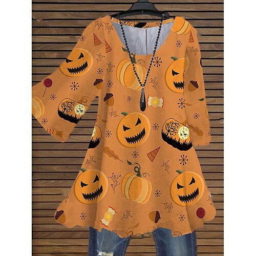 

Women's Plus Size Tops Blouse Shirt Letter Pumpkin Print 3/4 Length Sleeve Crewneck Casual Halloween Halloween Daily Cotton Spandex Jersey Fall Winter Yellow khaki