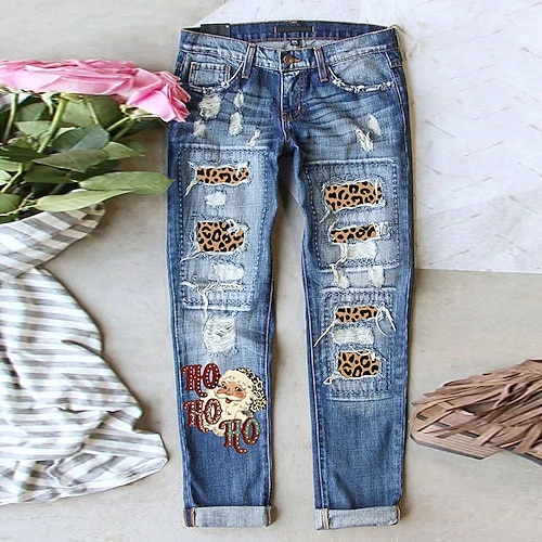 

Women's Jeans Distressed Jeans Denim Blue Fashion Christmas Christmas Street Casual Baggy Ripped Micro-elastic Full Length Comfort Leopard S M L XL XXL / Print