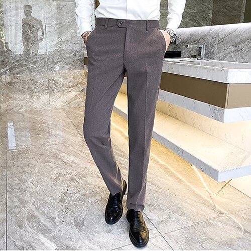 

Men's Dress Pants Ankle-Length Inelastic Slim Fit Solid Color Dark Grey Brown Black 2022