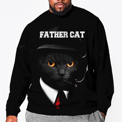 

Men's Plus Size Pullover Sweatshirt Big and Tall Graphic Crew Neck Long Sleeve Spring & Fall Basic Fashion Streetwear Comfortable Casual Sports Tops / Cat