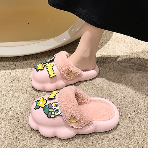 

Women's Slippers Home House Slippers Bubble Slides Warm Slippers Winter Flat Heel Round Toe PU Leather Loafer Green Rosy Pink Beige