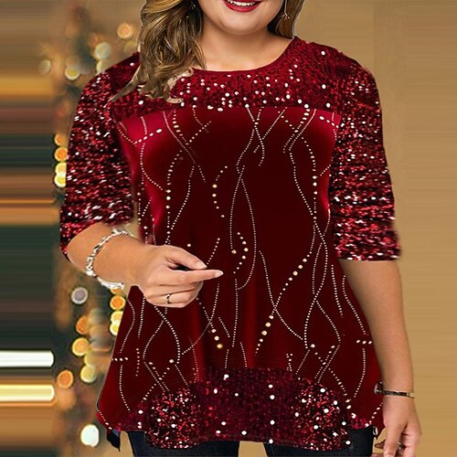 

Women's Plus Size Christmas Tops Blouse Shirt Polka Dot Sequins Print Long Sleeve Crew Neck Casual Daily Vacation Polyester Winter Fall Dark Red