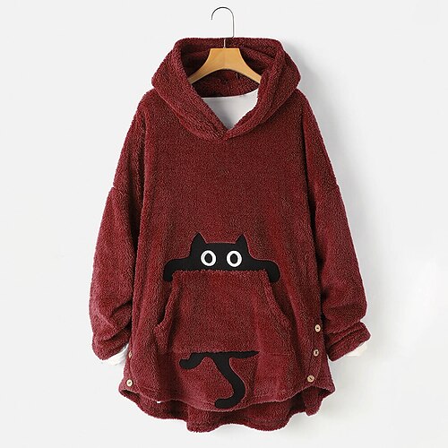 

Women's Hoodie Sweatshirt Pullover Sherpa Fleece Teddy Button Front Pocket Blue Pink Wine Cat Street Hoodie Long Sleeve Fleece S M L XL 2XL 3XL