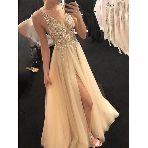 

Women's Party Dress Sequin Dress Swing Dress Long Dress Maxi Dress Gold Sleeveless Pure Color Sequins Winter Fall Autumn Deep V Modern Party Evening Party Slim 2022 S M L XL