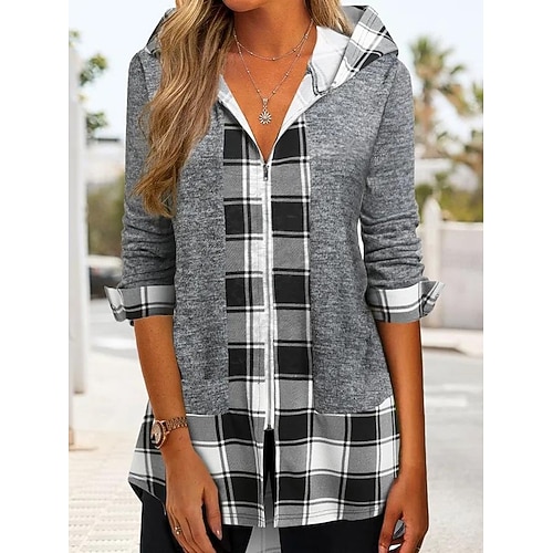 

Women's Hoodie Sweatshirt Pullover Active Basic Zip Up Gray Plaid Street Hoodie Long Sleeve S M L XL 2XL 3XL