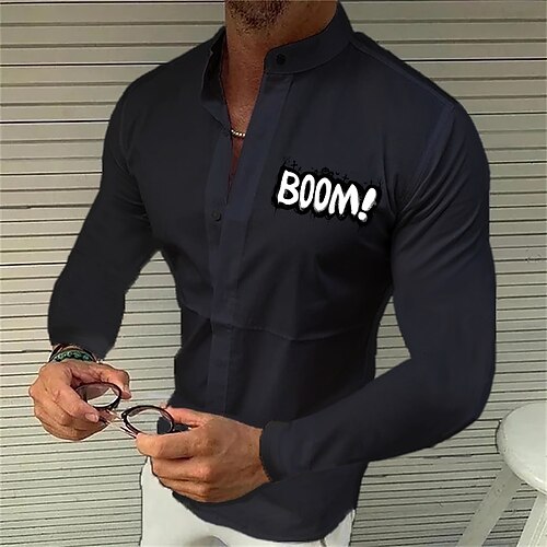 

Men's Shirt Solid Color Letter Standing Collar Wine White Black 3D Print Outdoor Street Long Sleeve Button-Down Clothing Apparel Fashion Designer Casual Breathable / Summer