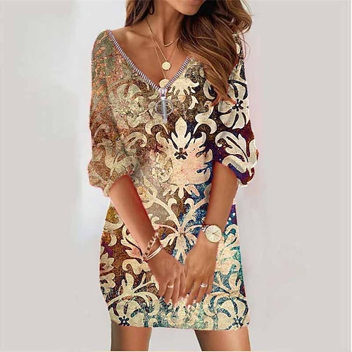 

Women's Sweatshirt Dress Winter Dress Gold Long Sleeve Floral Zipper Print Winter Fall V Neck Vacation Casual Fall Dress Loose Fit 2022 S M L XL XXL 3XL