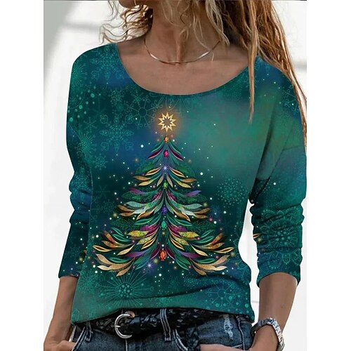 

Women's Shirt Green Blue Red Christmas Tree Print Long Sleeve Christmas Casual Basic Christmas Round Neck Regular Floral S