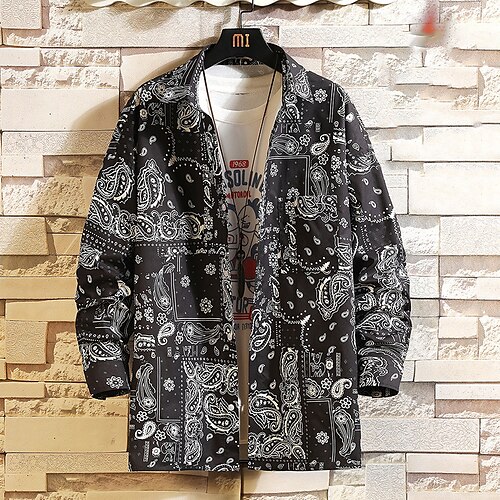 

Men's Coat Fleece Lining With Pockets Daily Wear Vacation Going out Single Breasted Turndown Streetwear Casual Daily Outdoor Jacket Outerwear Cashew nuts Print Black