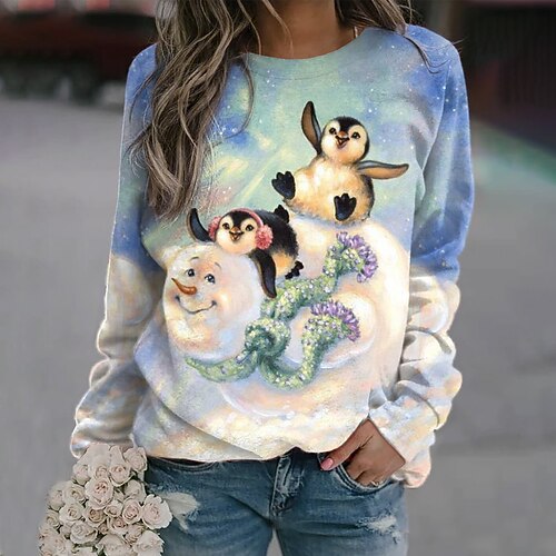 

Women's Sweatshirt Pullover Streetwear Blue Graphic Christmas Round Neck Long Sleeve S M L XL 2XL 3XL
