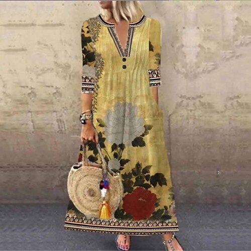 

Women's Casual Dress Shift Dress Midi Dress Blue Yellow Wine Beige Black 3/4 Length Sleeve Floral Pocket Print Fall Winter V Neck Vacation Casual 2022 S M L XL XXL 3XL / Cotton