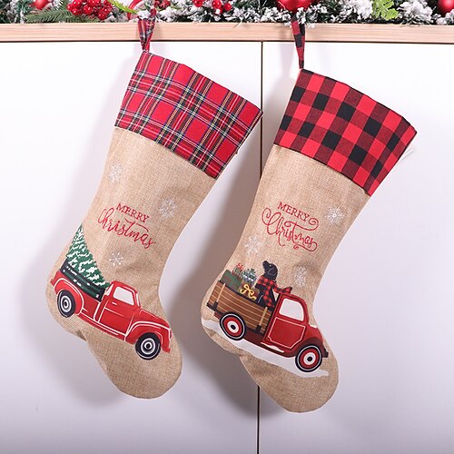 

2 Pcs Christmas Stocking Gift Bag Linen Cartoon Christmas Candy Bag Christmas Decoration Pendant
