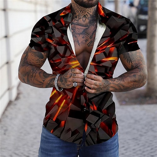 

Men's Shirt Optical Illusion Abstract Turndown Orange 3D Print Outdoor Street Short Sleeves Button-Down Print Clothing Apparel Fashion Designer Casual Breathable / Summer