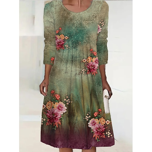 

Women's Casual Dress Print Dress Midi Dress Light Green Long Sleeve Floral Print Fall Spring Crew Neck Casual Fall Dress Loose Fit 2022 S M L XL 2XL 3XL 4XL 5XL 6XL / Winter Dress