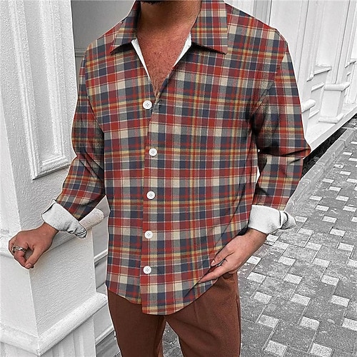

Men's Shirt Plaid Turndown Red 3D Print Outdoor Street Long Sleeve Button-Down Print Clothing Apparel Fashion Designer Casual Breathable