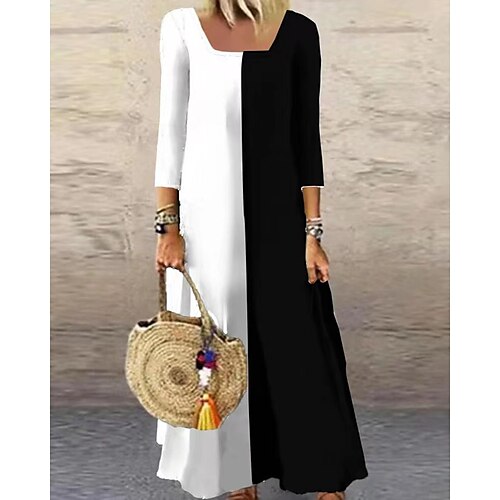 

vestido casual mujer vestido midi vestido midi negro rojo gris manga 3/4 largo color puro patchwork invierno otoño primavera escote cuadrado casual lino s m l xl 2xl 3xl