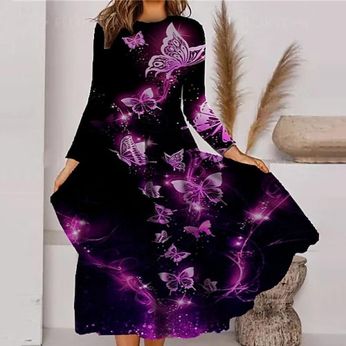

Women's Casual Dress Swing Dress Midi Dress Purple Gold Yellow Long Sleeve Animal Pocket Winter Fall Autumn Winter Dress Fall Dress 2022 S M L XL XXL 3XL