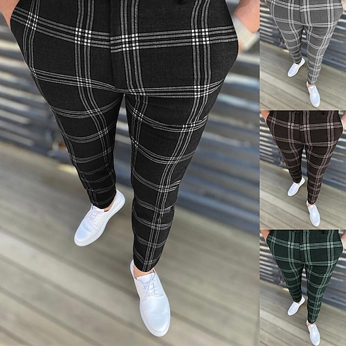 

Men's Chinos Trousers Jogger Pants Plaid Dress Pants Chino Pants Pocket Elastic Waist Comfort Breathable Full Length Daily Holiday Going out Streetwear Stylish Black Blue Micro-elastic