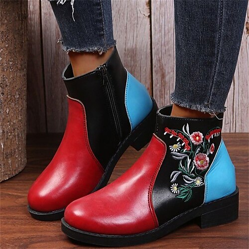 

Women's Boots Outdoor Daily Combat Boots Plus Size Booties Ankle Boots Winter Low Heel Round Toe Vintage Casual PU Leather Zipper Floral Color Block Black Red