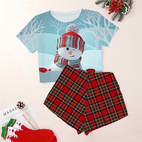 

Women's ChristmasPjs Plus Size Pajamas Sets 2 Pieces Snowman Grid / Plaid Fashion Comfort Soft Home Carnival Cotton Spandex Jersey Breathable Gift Crew Neck Short Sleeve T shirt Tee Shorts