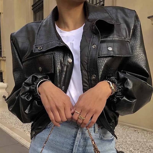 

Women's Bomber Jacket Faux Leather Jacket Windproof Breathable Outdoor Daily Wear Vacation Going out Button Pocket Single Breasted Turndown Chic & Modern Casual Lady Comfortable Solid Color Regular