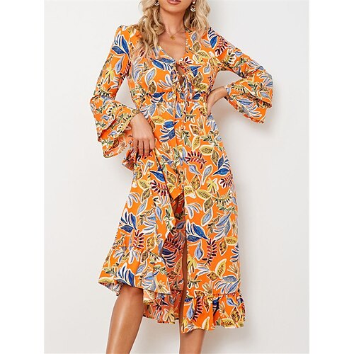 

Women's Casual Dress Midi Dress Orange Long Sleeve Lace up Winter Fall Autumn V Neck Modern Winter Dress Fall Dress Slim 2022 M L XL