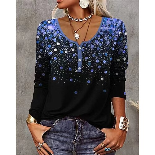 

Women's Henley Shirt Blue Yellow Gray Polka Dot Button Long Sleeve Home Casual Basic Vintage U Neck Regular S