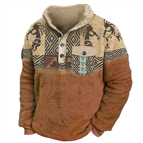 

Men's Sweatshirt Pullover Brown Henley Color Block Tribal Graphic Prints Print Casual Daily Sports 3D Print Designer Casual Fuzzy Fall & Winter Clothing Apparel Hoodies Sweatshirts Long Sleeve