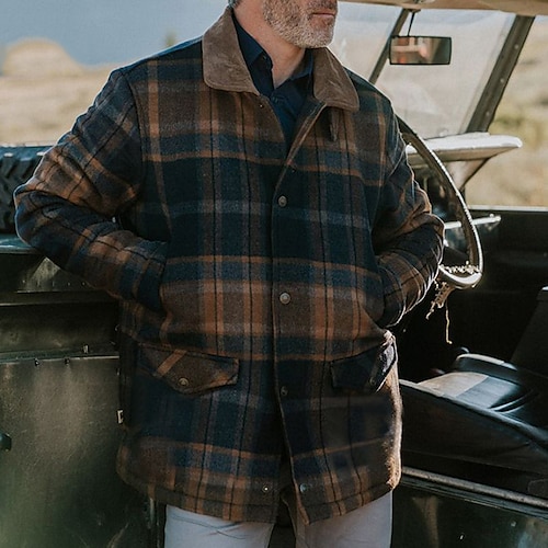 

Men's Coat Warm Sports & Outdoor Single Breasted Plaid 3D Printed Graphic Turndown Fashion Jacket Outerwear Long Sleeve Pocket Fall & Winter