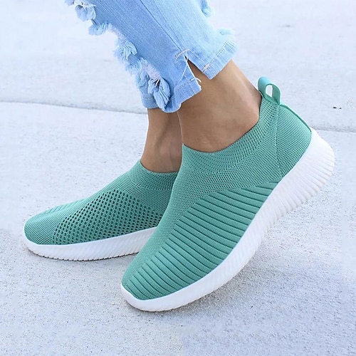 Women's Sneakers Slip-Ons Plus Size Flyknit Shoes Slip-on Sneakers Outdoor Office Work Flat Heel Round Toe Sporty Casual Minimalism Walking Shoes Tissage Volant Loafer Solid Color Light Blue Black, lightinthebox  - buy with discount