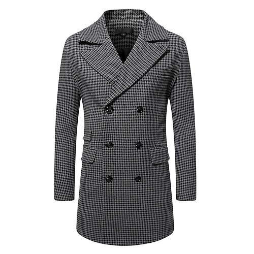 

Men's Casual Overcoat Regular Standard Fit Houndstooth Double Breasted Six-buttons Dark Grey Coffee 2022 / Wool