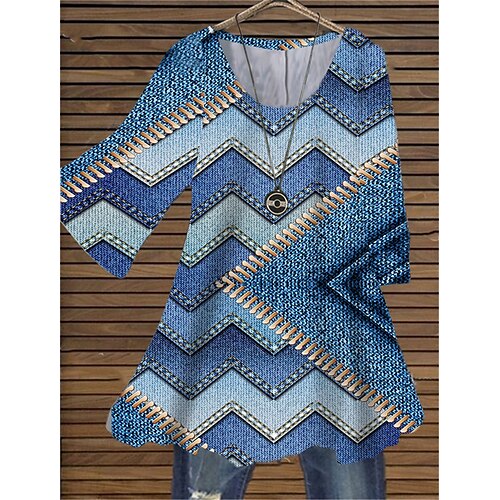 

Women's Plus Size Tops Blouse Shirt Geometry Print 3/4 Length Sleeve Crewneck Casual Daily Holiday Cotton Spandex Jersey Winter Fall Blue