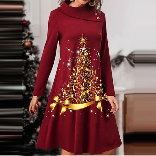 

Women's Casual Dress Swing Dress Wine Long Sleeve Print Winter Fall Autumn Turtleneck Winter Dress Weekend Fall Dress 2022 S M L XL 2XL 3XL 4XL 5XL