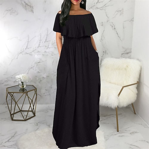 

Women's Casual Dress Long Dress Maxi Dress claret Black Blue Short Sleeve Pure Color Patchwork Winter Fall Autumn Off Shoulder Weekend Slim 2022 S M L XL 2XL