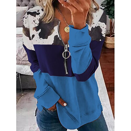 

Women's Sweatshirt Pullover Active Zipper Blue Orange Red Color Block Tie Dye Street V Neck Long Sleeve S M L XL 2XL 3XL