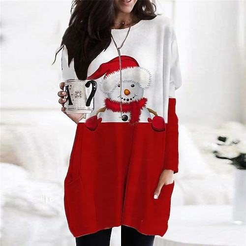 

Women's Christmas Casual Dress T Shirt Dress Tee Dress Shift Dress Mini Dress Wine Long Sleeve Snowman Pocket Winter Fall Autumn Crew Neck Vacation Loose Fit 2022 S M L XL XXL 3XL / Print