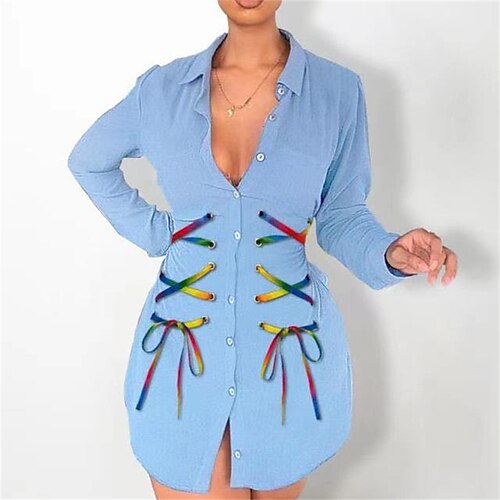 

Women's Sheath Dress Denim Dress Royal Blue Long Sleeve Pure Color Lace up Winter Fall Shirt Collar Stylish Modern Fall Dress Loose Fit 2022 S M L XL / Winter Dress